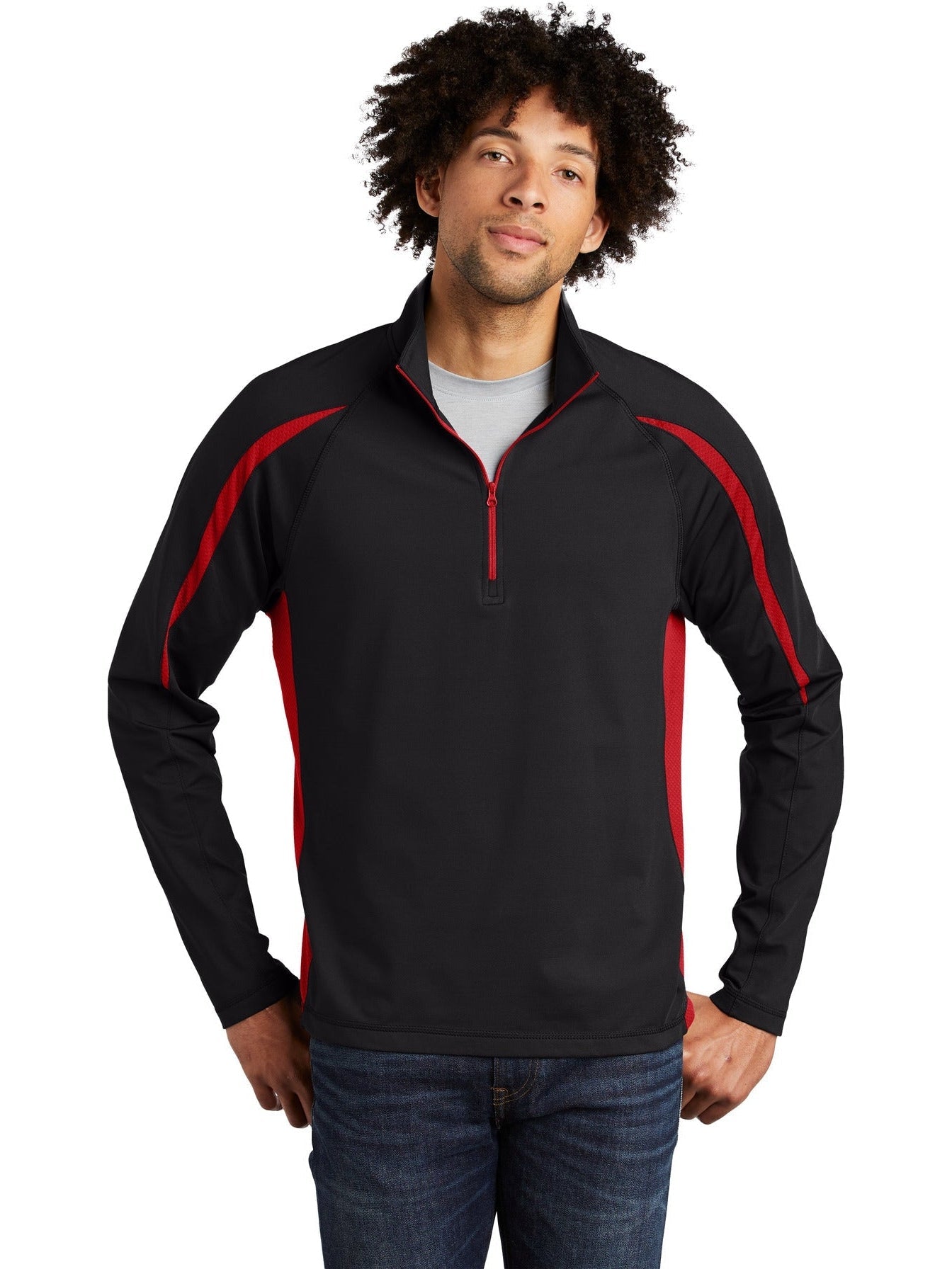  Sport-Tek Sport-Wick Stretch 1/2 Zip Colorblock-Regular-Sport-Tek-Black/True Red-S-Thread Logic