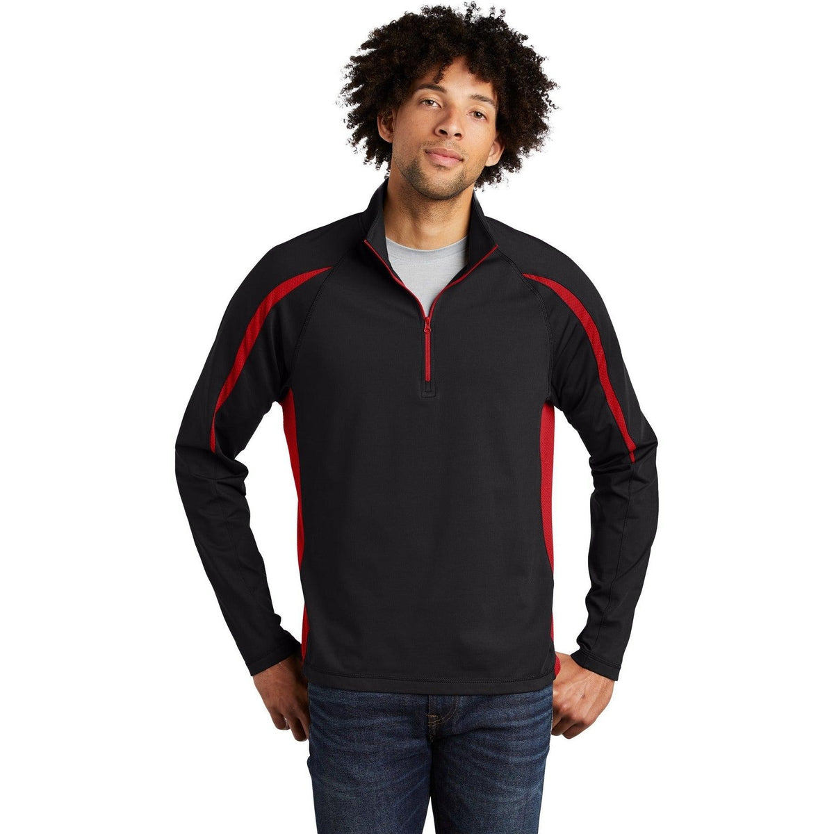 logo-left Sport-Tek Sport-Wick Stretch 1/2 Zip Colorblock-Quarter Zips-Sport-Tek-Black/True Red-S-Thread Logic