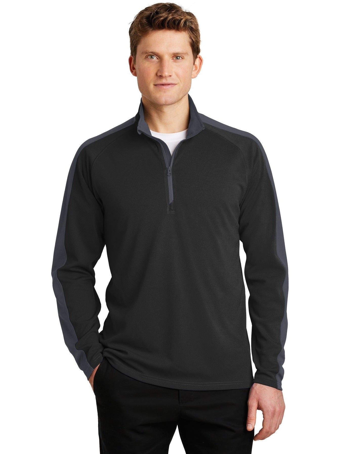 No-Logo CLOSEOUT - Sport-Tek Sport-Wick Textured Colorblock 1/4-Zip Pullover-Quarter Zips-Sport-Tek-Black/Iron Grey-S-Thread Logic