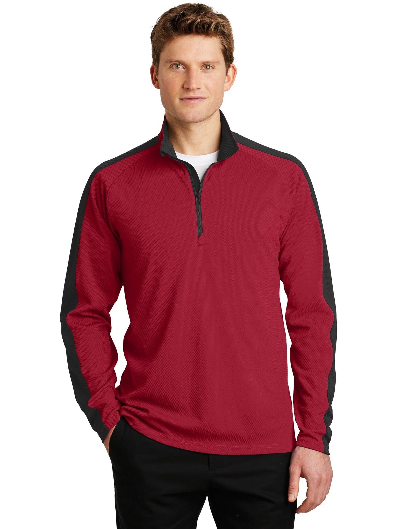 No-Logo CLOSEOUT - Sport-Tek Sport-Wick Textured Colorblock 1/4-Zip Pullover-Quarter Zips-Sport-Tek-Deep Red/Black-S-Thread Logic