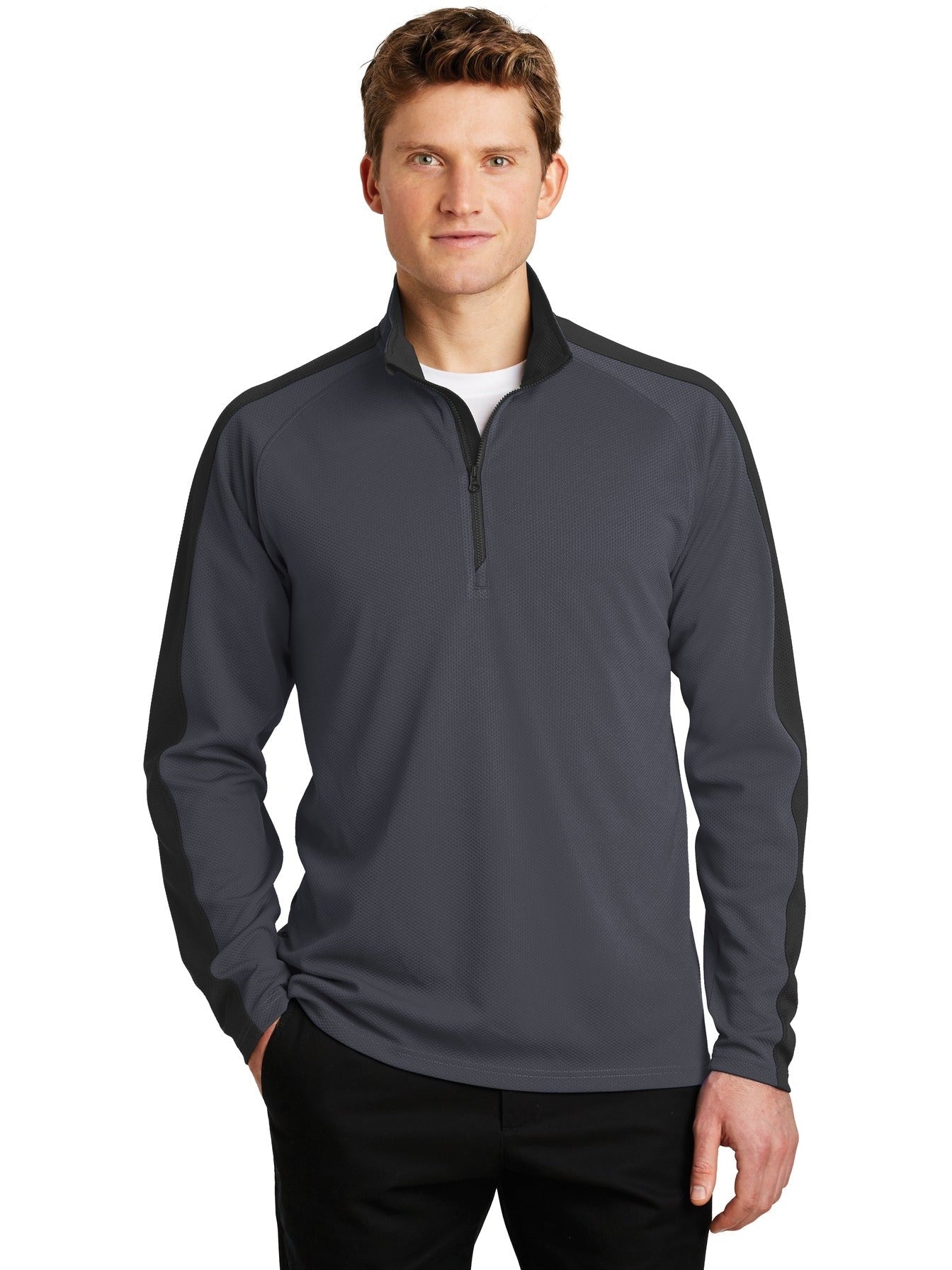 No-Logo CLOSEOUT - Sport-Tek Sport-Wick Textured Colorblock 1/4-Zip Pullover-Quarter Zips-Sport-Tek-Iron Grey/Black-S-Thread Logic