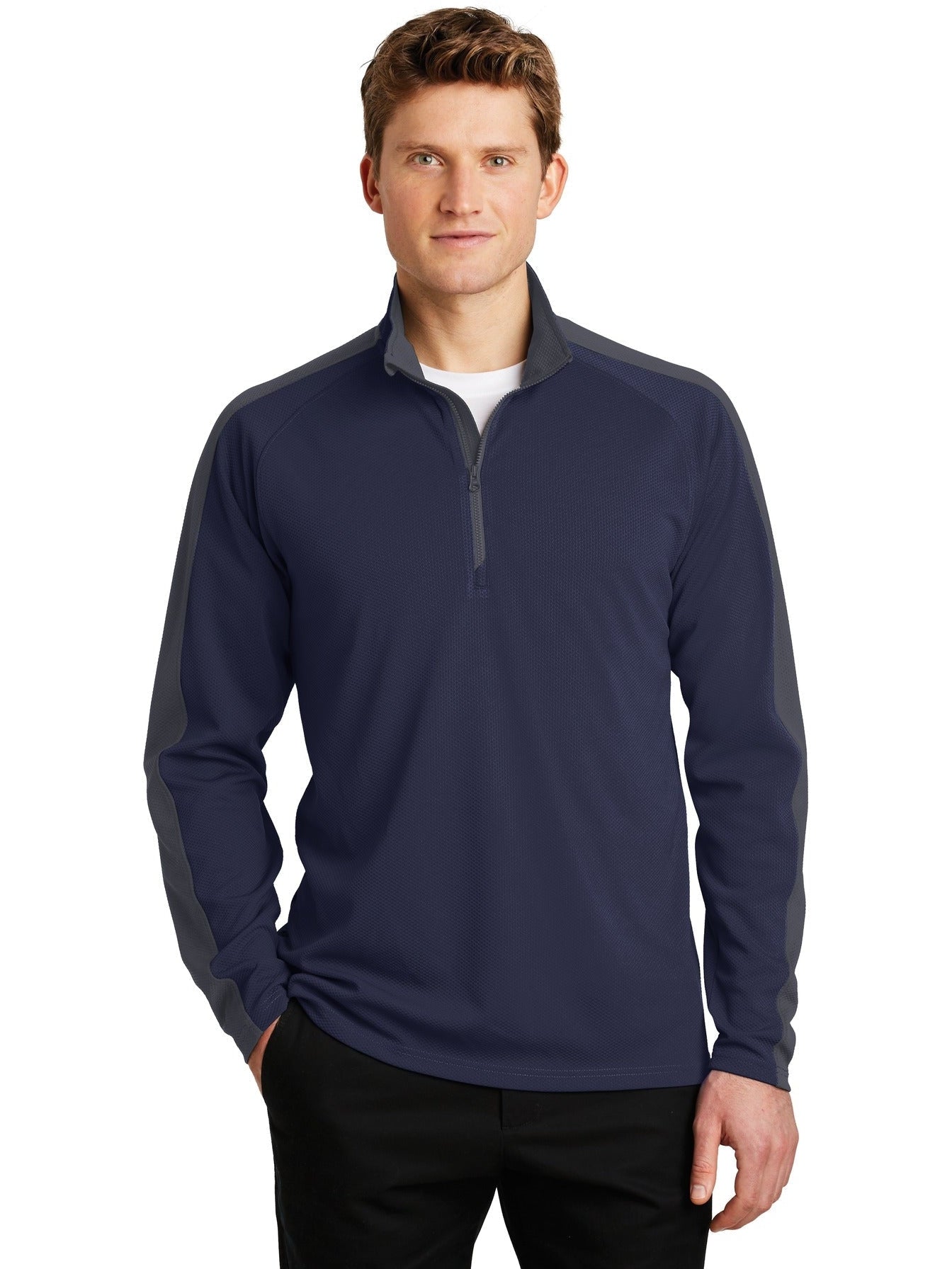 No-Logo CLOSEOUT - Sport-Tek Sport-Wick Textured Colorblock 1/4-Zip Pullover-Quarter Zips-Sport-Tek-True Navy/Iron Grey-S-Thread Logic