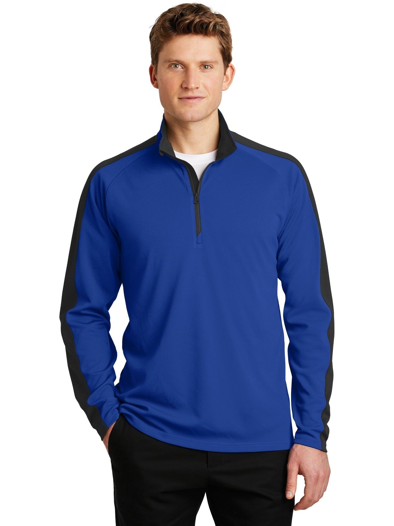 No-Logo CLOSEOUT - Sport-Tek Sport-Wick Textured Colorblock 1/4-Zip Pullover-Quarter Zips-Sport-Tek-True Royal/Black-S-Thread Logic
