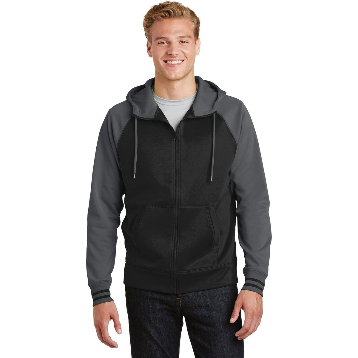 no-logo  Sport-Tek Sport-Wick Varsity Fleece Full-Zip Hooded Jacket-Regular-Sport-Tek-Black/Dark Smoke Grey-S-Thread Logic