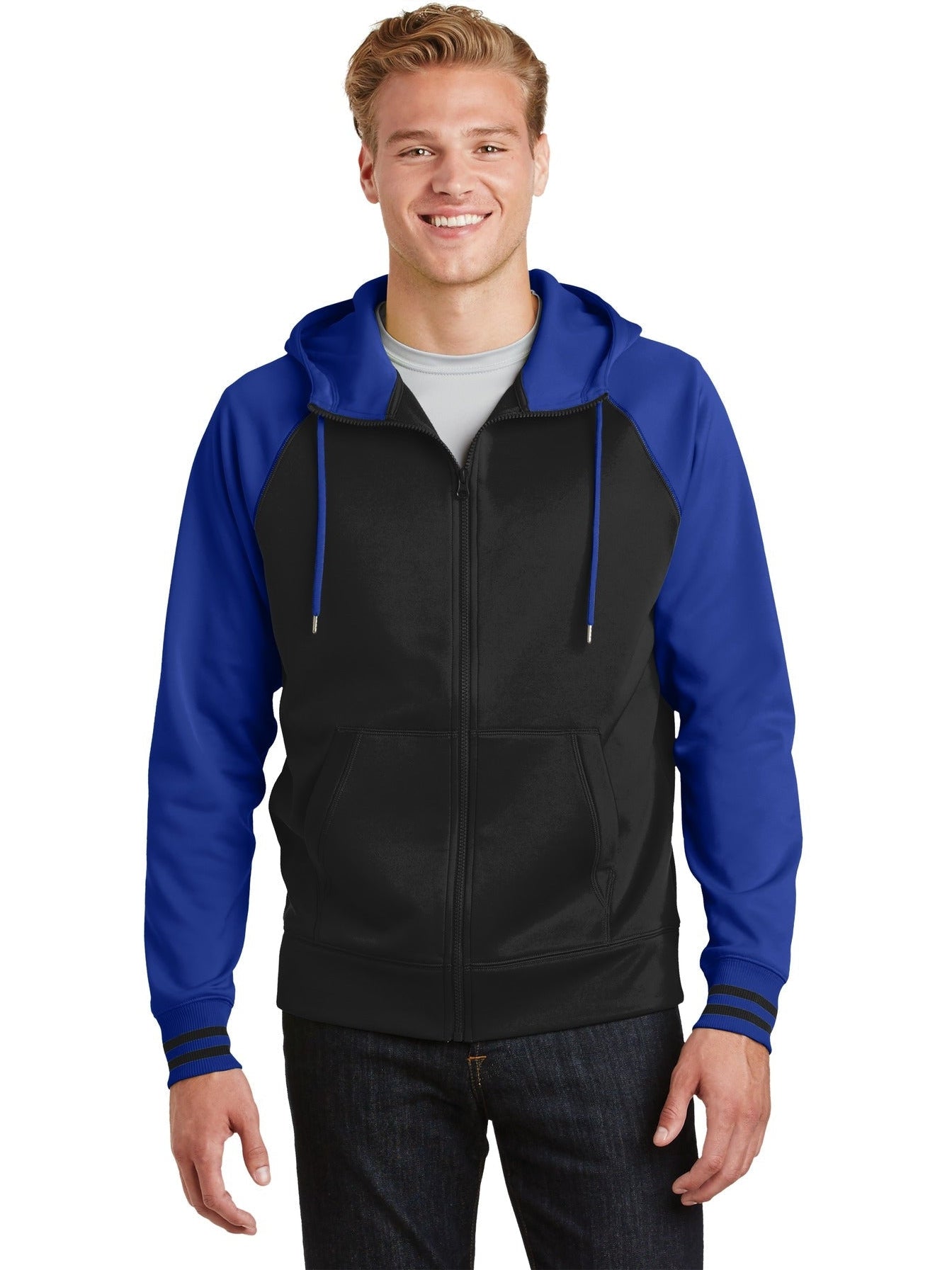  Sport-Tek Sport-Wick Varsity Fleece Full-Zip Hooded Jacket-Regular-Sport-Tek-Black/True Royal-S-Thread Logic