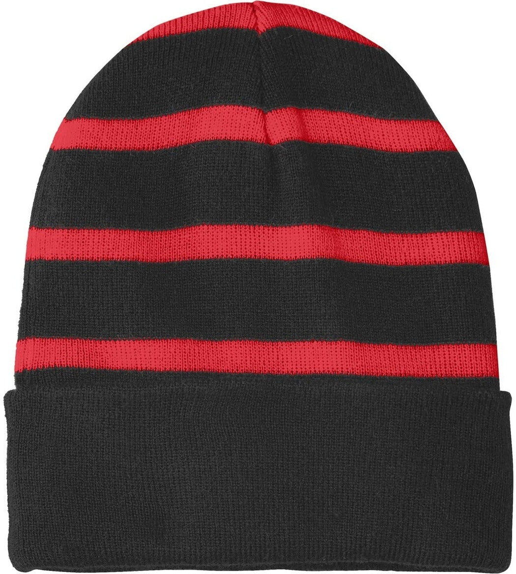  Sport-Tek Striped Beanie Solid Band-Regular-Sport-Tek-Black/True Red-OSFA-Thread Logic 