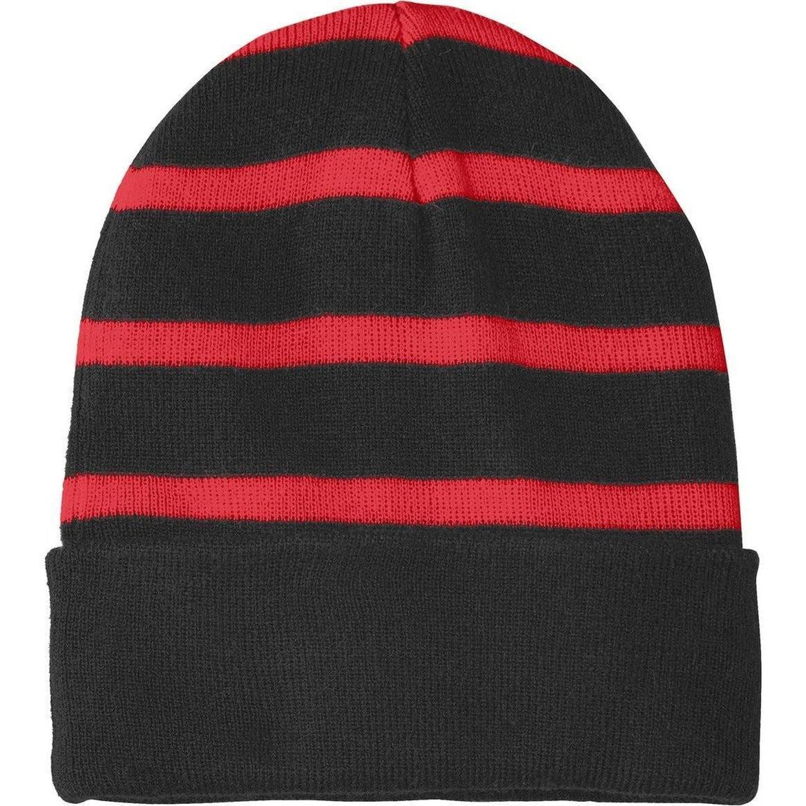 no-logo Sport-Tek Striped Beanie Solid Band-Headwear-Sport-Tek-Black/True Red-OSFA-Thread Logic