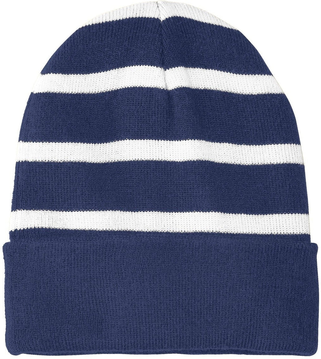  Sport-Tek Striped Beanie Solid Band-Regular-Sport-Tek-True Navy/White-OSFA-Thread Logic 