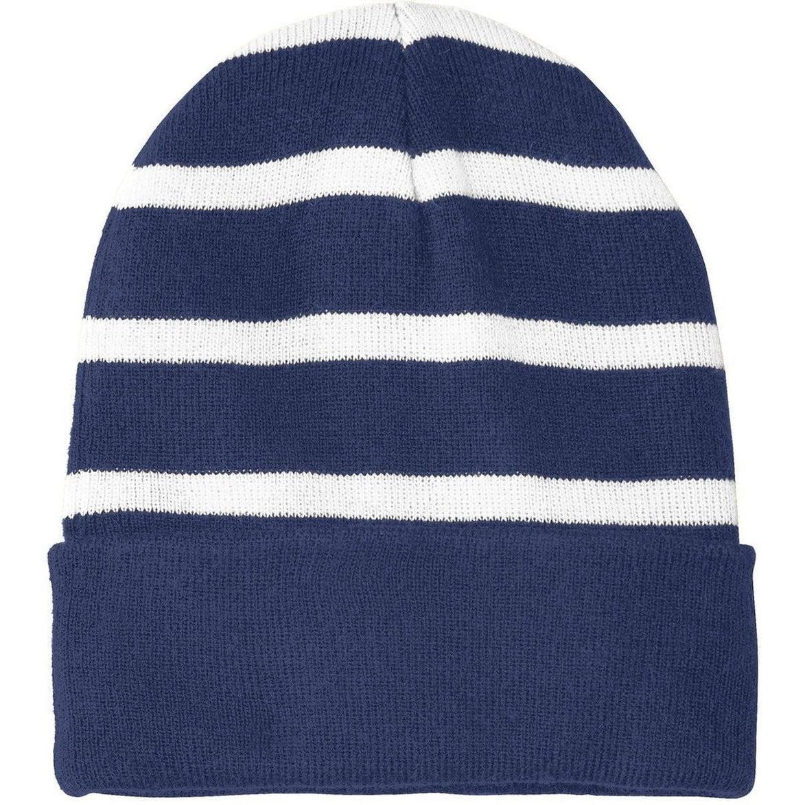 no-logo Sport-Tek Striped Beanie Solid Band-Headwear-Sport-Tek-True Navy/White-OSFA-Thread Logic