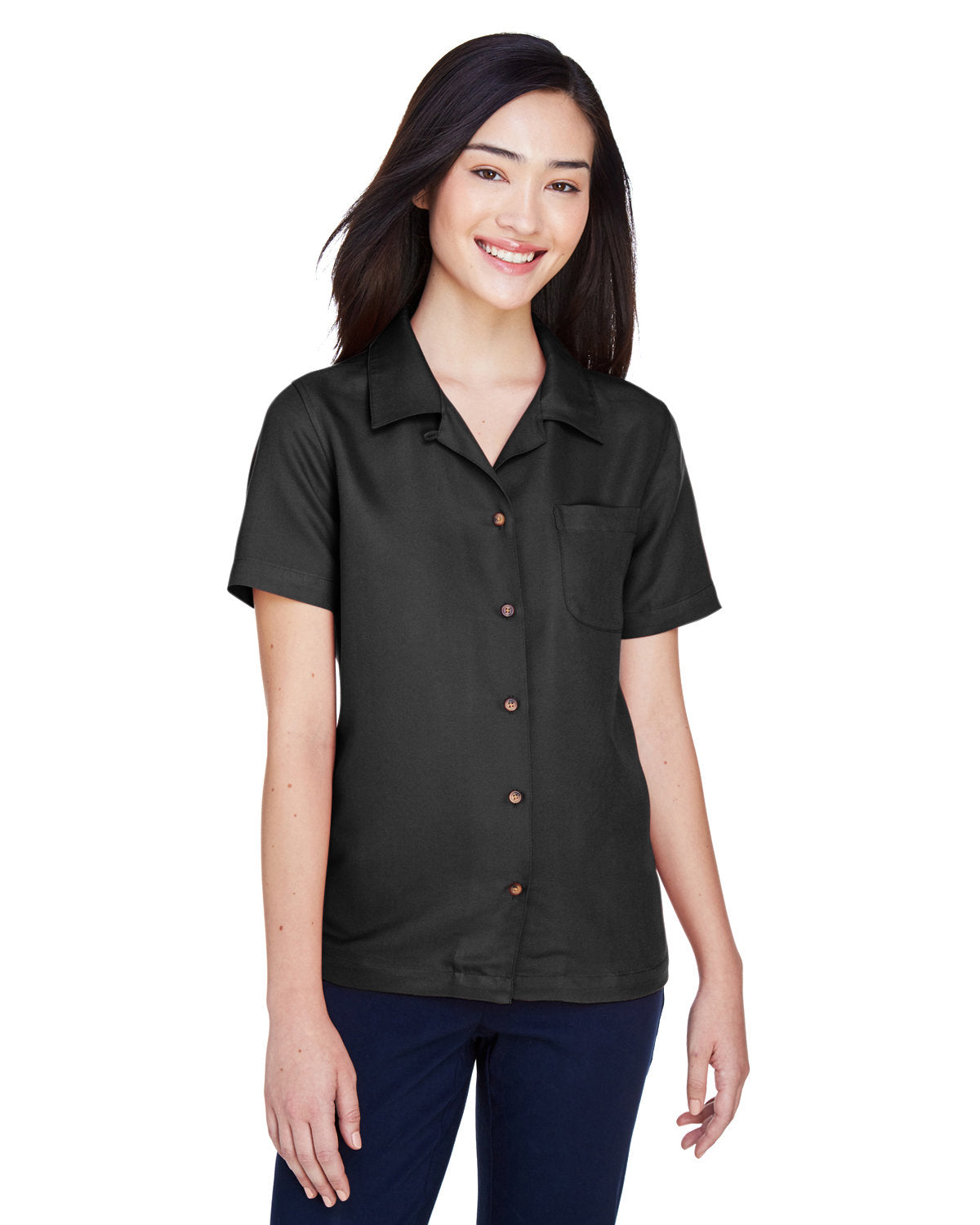  UltraClub Ladies Cabana Breeze Camp Shirt-Ladies Dress Shirts-UltraClub-Black-XS-Thread Logic