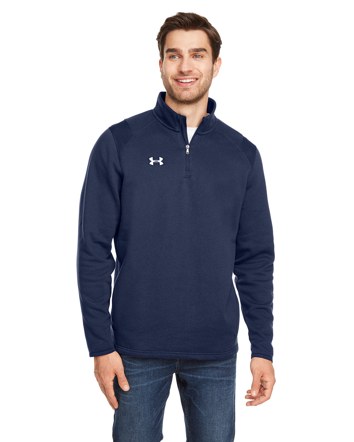  Under Armour Hustle Quarter-Zip Pullover Sweatshirt-Men's Layering-Under Armour-Midnight Navy/White-S-Thread Logic