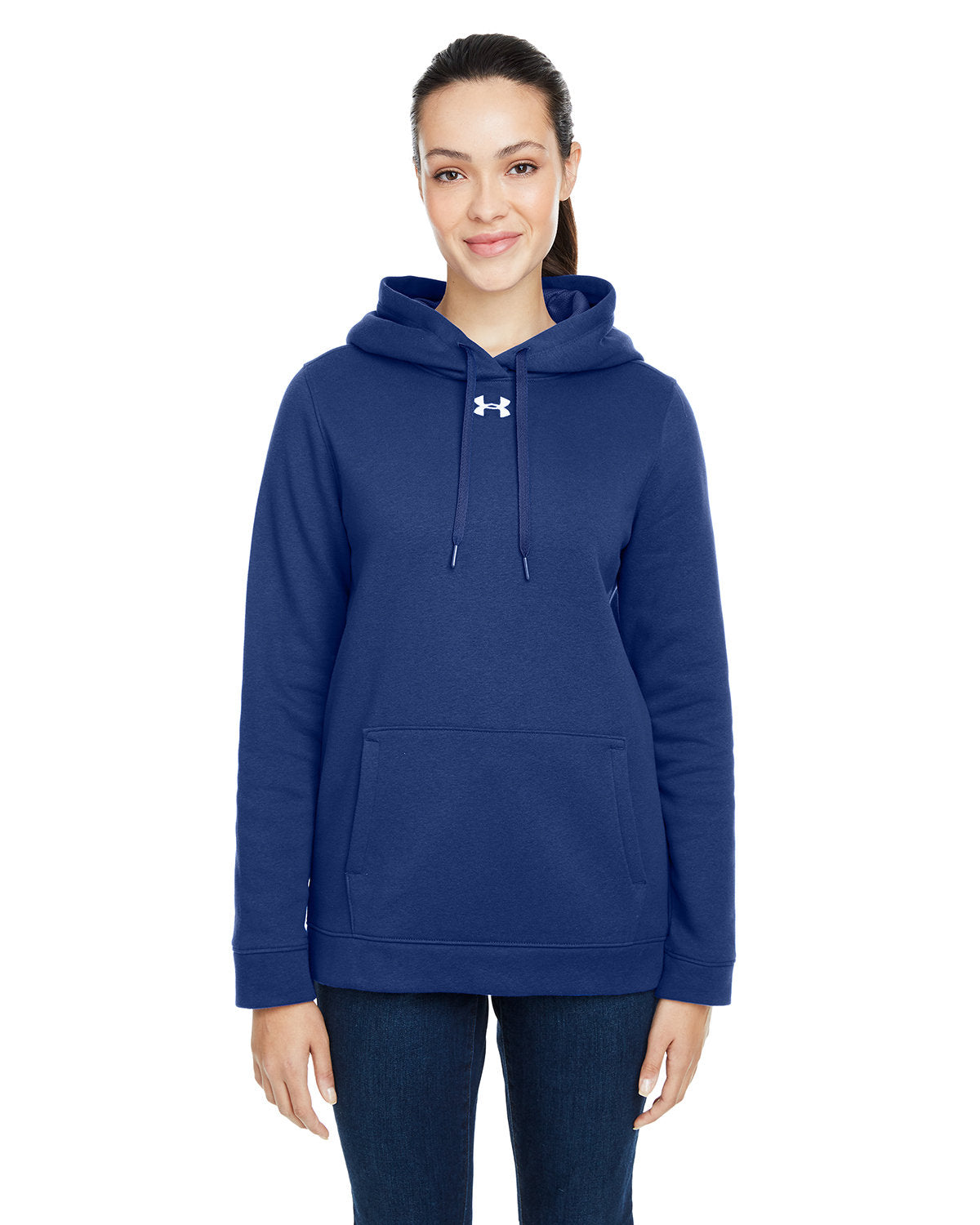 Under Armour Ladies Hustle Pullover Hooded Sweatshirt-Ladies Layering-Under Armour-Midnight Navy/White-S-Thread Logic