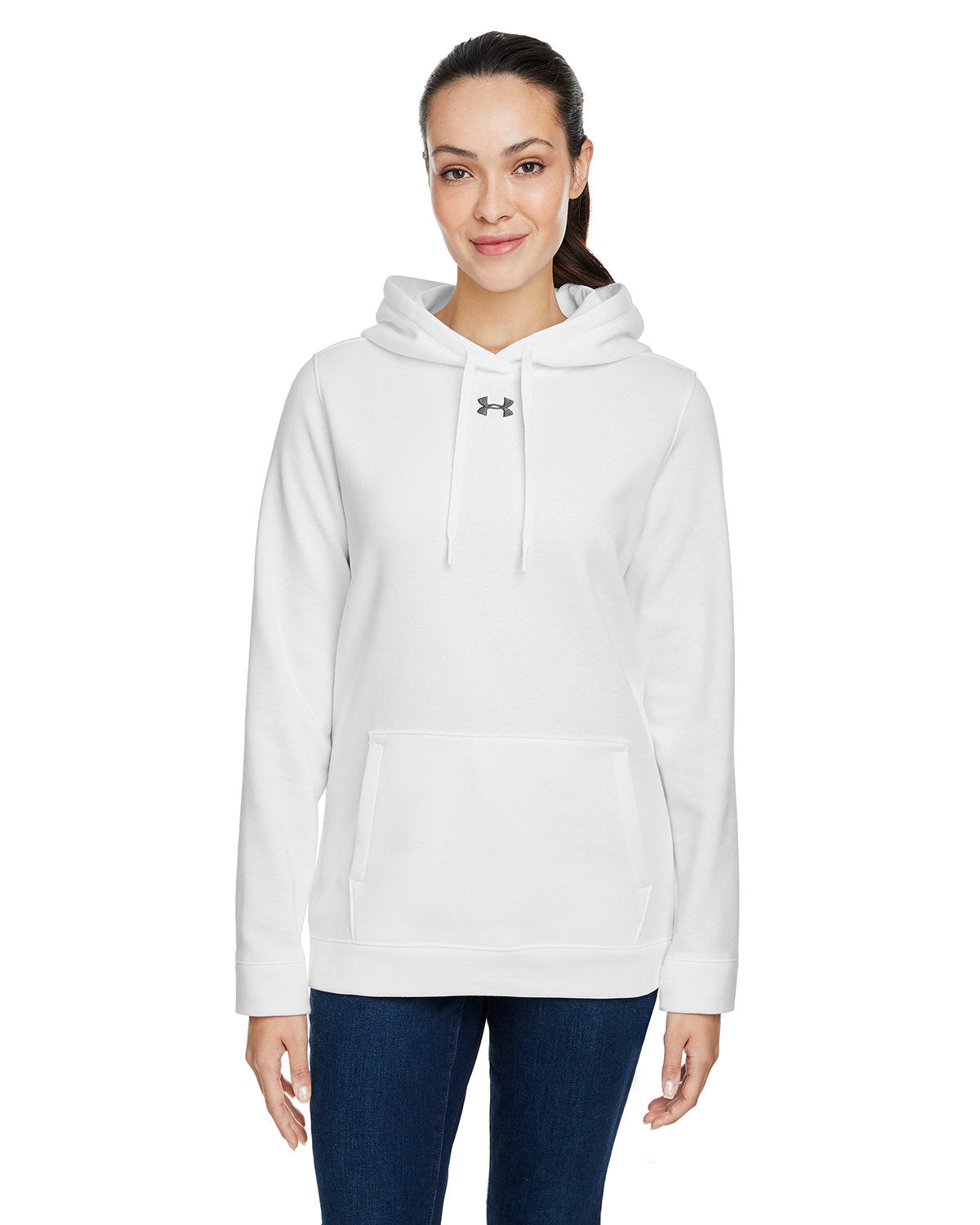  Under Armour Ladies Hustle Pullover Hooded Sweatshirt-Ladies Layering-Under Armour-White/Graphite-S-Thread Logic