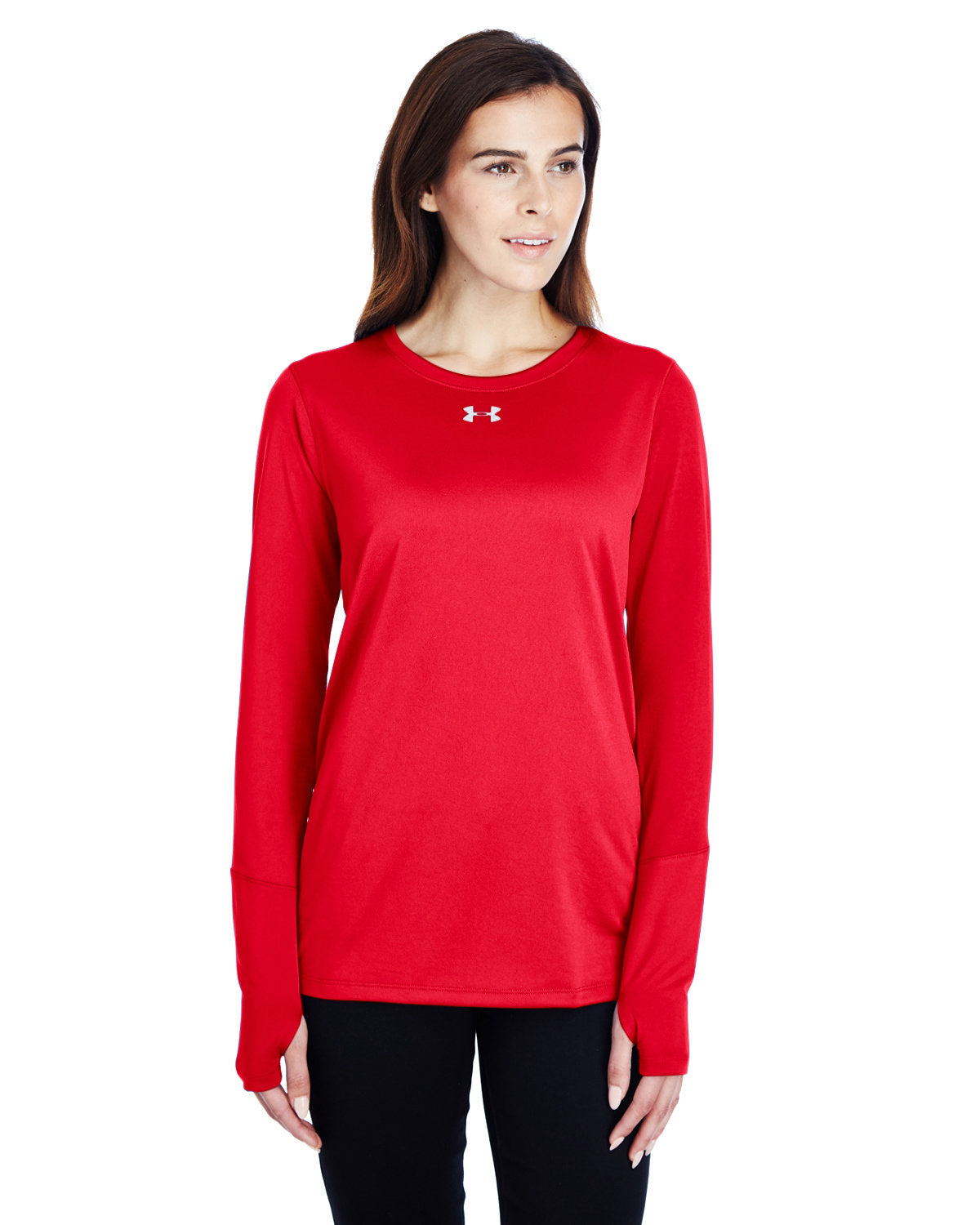  Under Armour Ladies Long-Sleeve Locker T-Shirt 2.0-Ladies T Shirts-Under Armour-Red/Metallic Silver-XS-Thread Logic