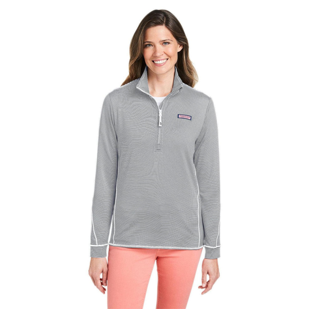 no-logo  Vineyard Vines Ladies Microstripe Sankaty Half-Zip Pullover-Knits and Layering-Vineyard Vines-Heather Grey-XS-Thread Logic