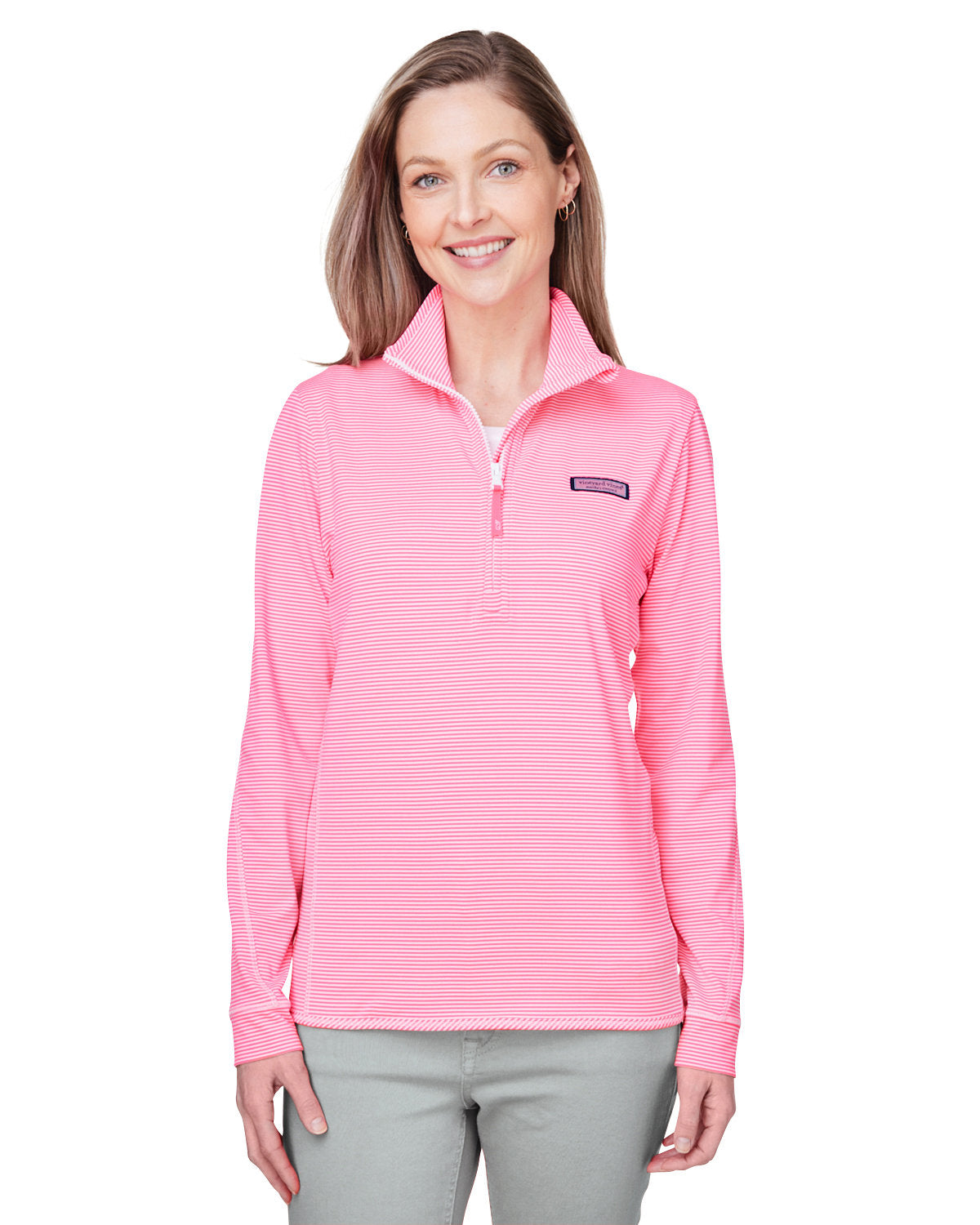  Vineyard Vines Ladies Microstripe Sankaty Half-Zip Pullover-Knits and Layering-Vineyard Vines-Knockout Pink-XS-Thread Logic