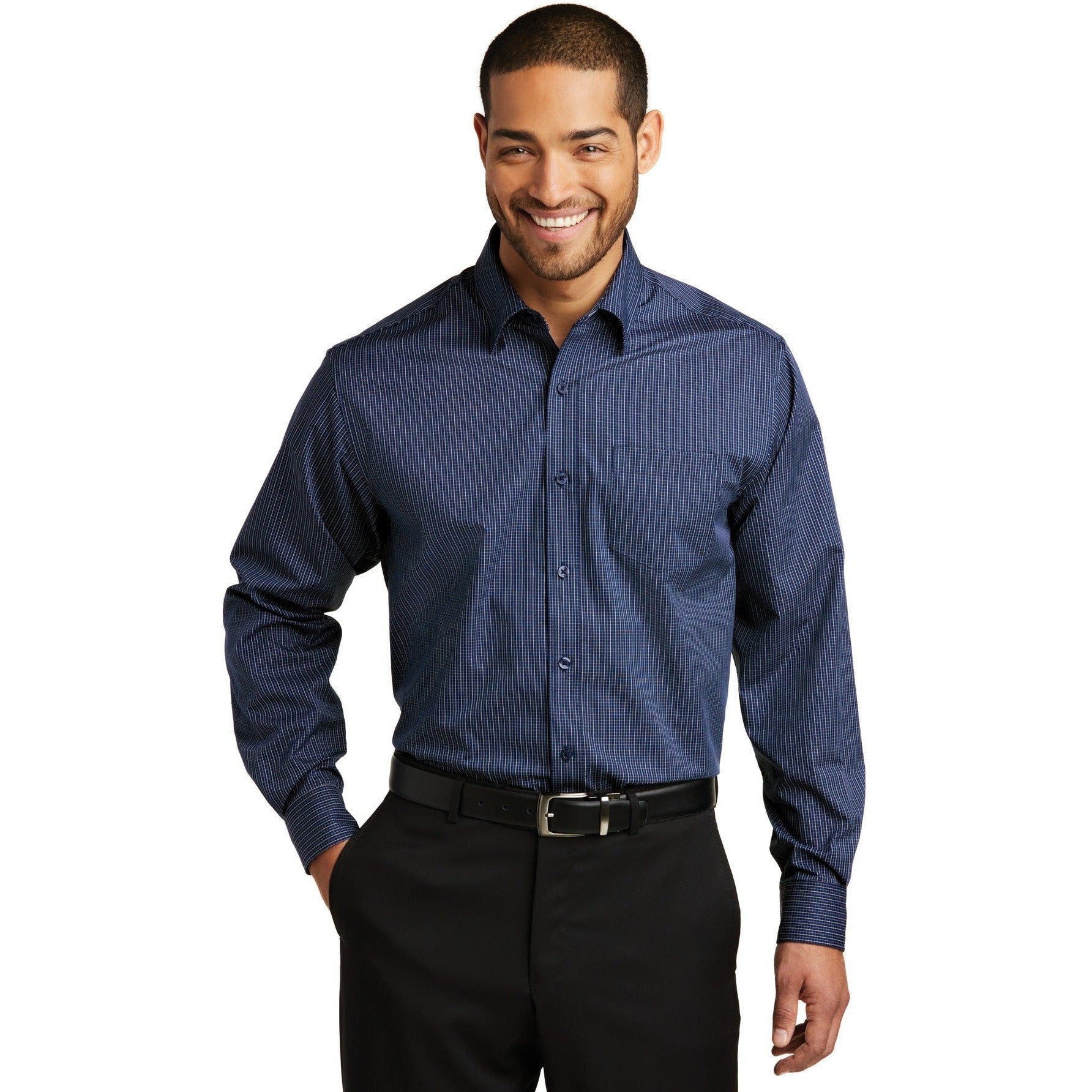 no-logo CLOSEOUT - Port Authority Micro Tattersall Easy Care Shirt-Port Authority-Navy/Heritage Blue-S-Thread Logic