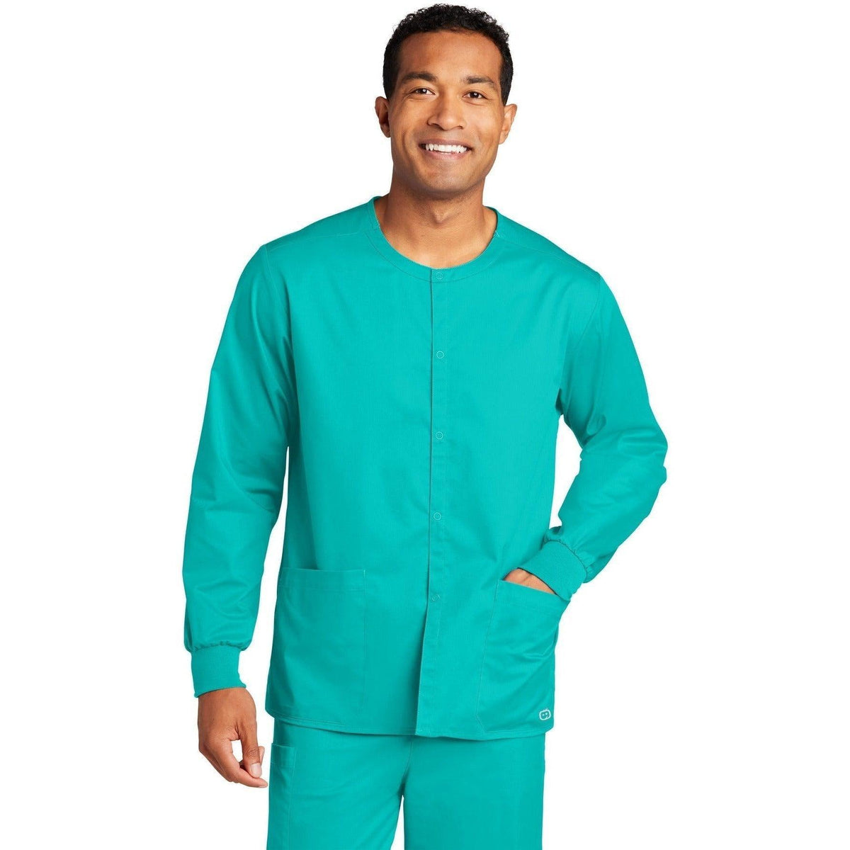 no-logo WonderWink Unisex WorkFlex Snap-Front Scrub Jacket-Regular-Wonderwink-Teal Blue-2XL-Thread Logic