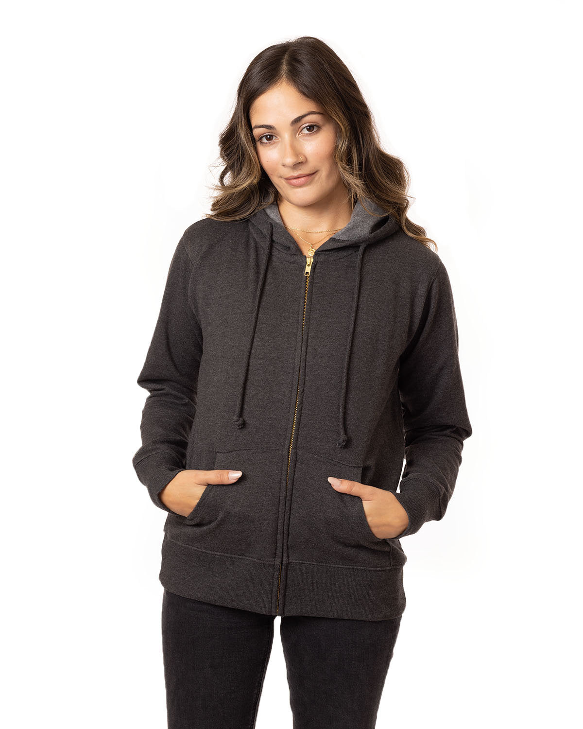  econscious Ladies 7 oz. Organic/Recycled Heathered Fleece Full-Zip Hood-Ladies Layering-econscious-Charcoal-S-Thread Logic