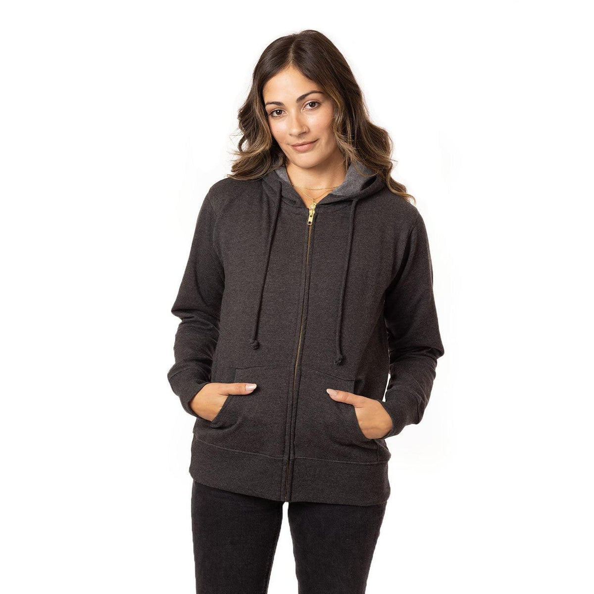 no-logo  econscious Ladies 7 oz. Organic/Recycled Heathered Fleece Full-Zip Hood-Ladies Layering-econscious-Charcoal-S-Thread Logic